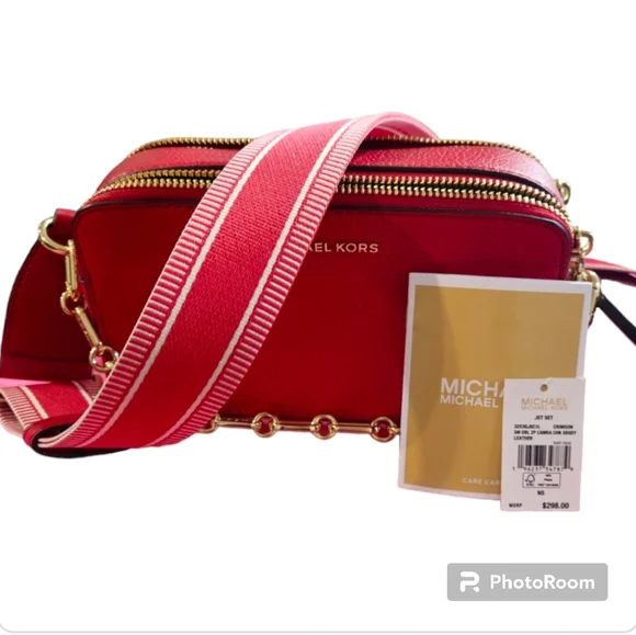 🥳SOLD🥳Michael Kors Women's Red Jet Set Small Pebbled Leather Double Zip Camera - Picture 7 of 13